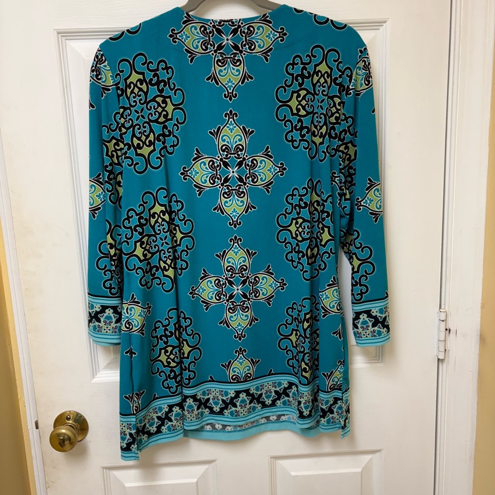 JM Collection Teal and Black Patterned Blouse - Picture 4 of 8